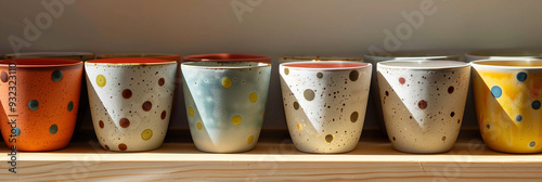 Row of colorful handmade ceramic mugs on a wooden shelf on sunny day. Pottery as a hobby for all ages.