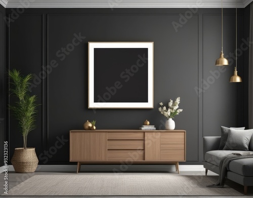 Mockup frame on cabinet in living room interior on empty dark wall background