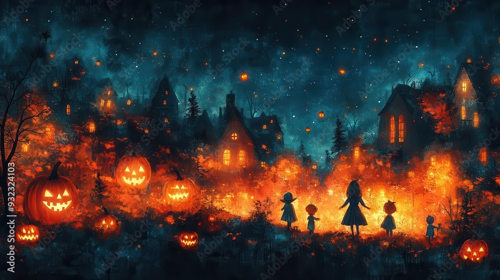whimsical halloween night scene diverse group of costumed children trickortreating jackolanterns glow spooky houses background