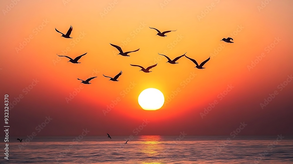 Obraz premium Flock of Birds Soaring Together in a Clear Blue Sky