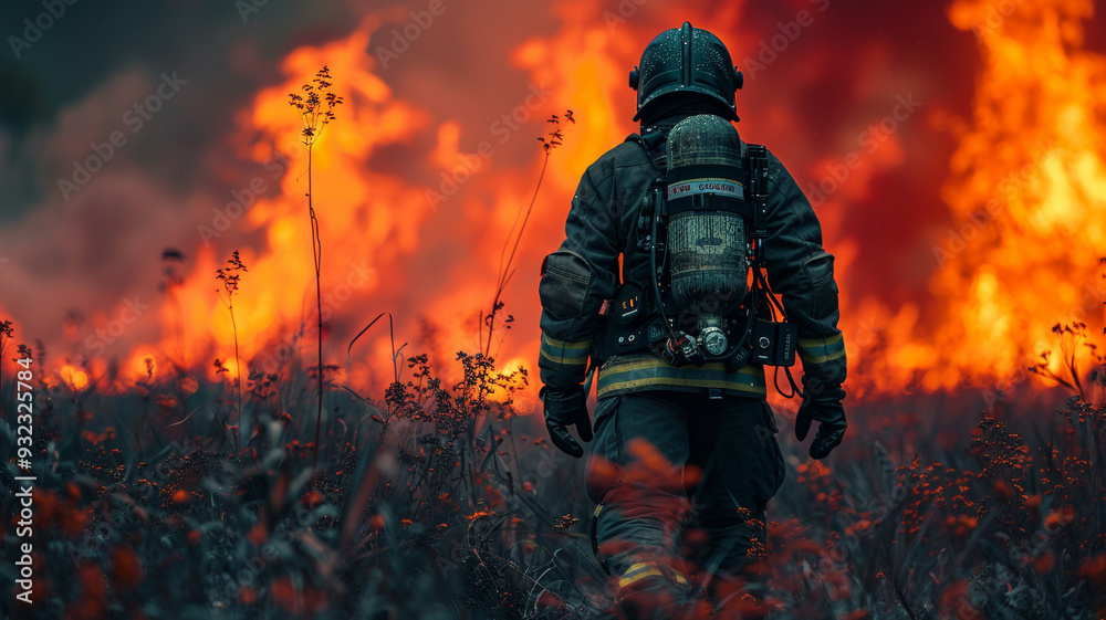 A man in a fireman's uniform at work. Firefighter walking towards a large fire A man in a fireman's uniform at work. Firefighter walking towards a large fire