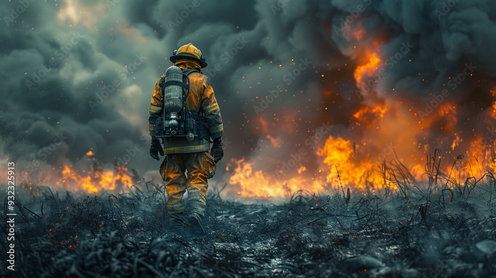 Firefighter walking towards a large fire Firefighter walking towards a large fire