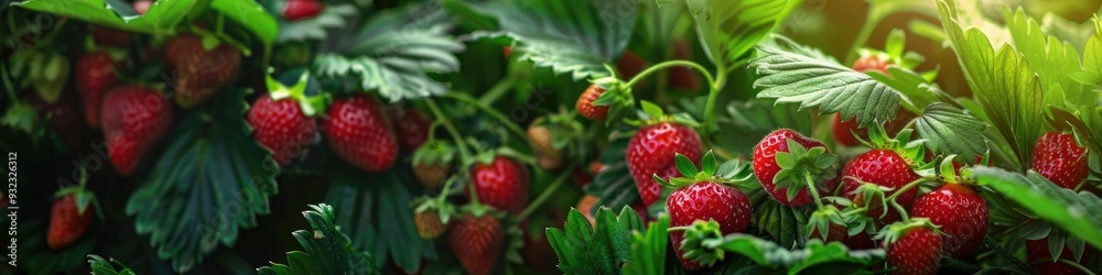 Φωτογραφία Close-up view of freshly harvested strawberries with ripe red berries and lush green leaves in a farm field