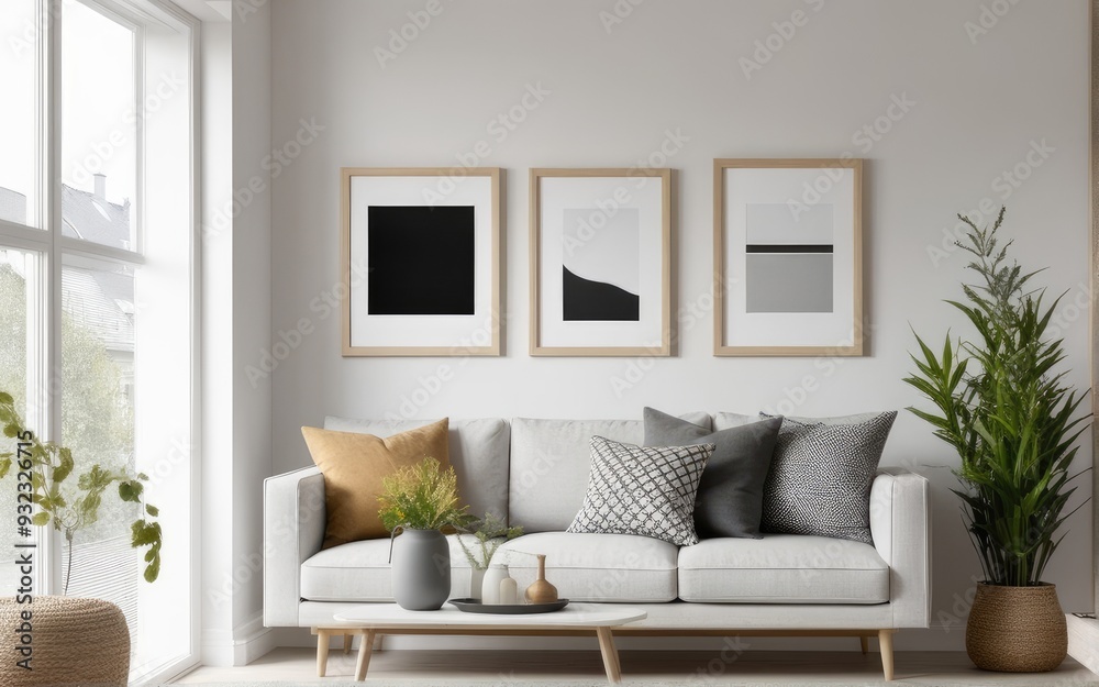 Mockup frame on shelf in living room interior,Scandinavian style