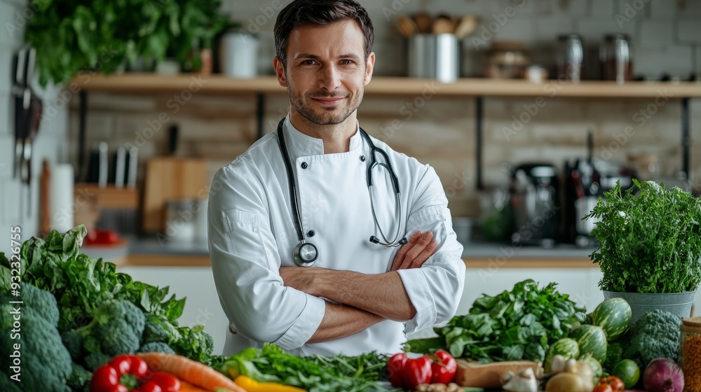 Doctor in the kitchen surrounded by vegetables Doctor in the kitchen surrounded by vegetables