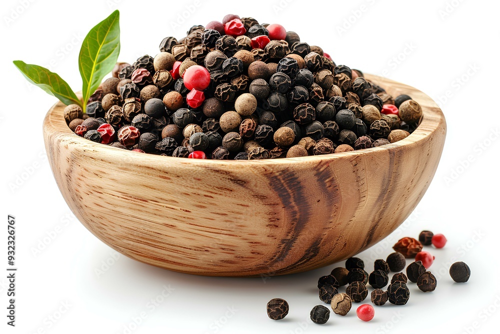 A wooden bowl filled with different kinds of pepper A wooden bowl filled with different kinds of pepper