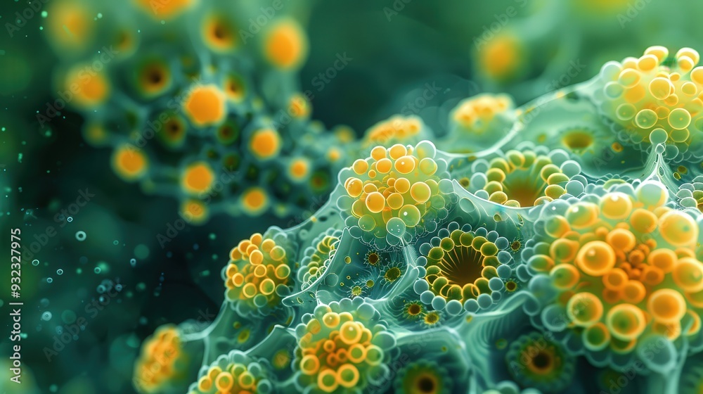 Naklejka premium Design a high-resolution abstract background with yellow and green microscopic formations. Focus on scientific detail and artistic presentation in the visualization