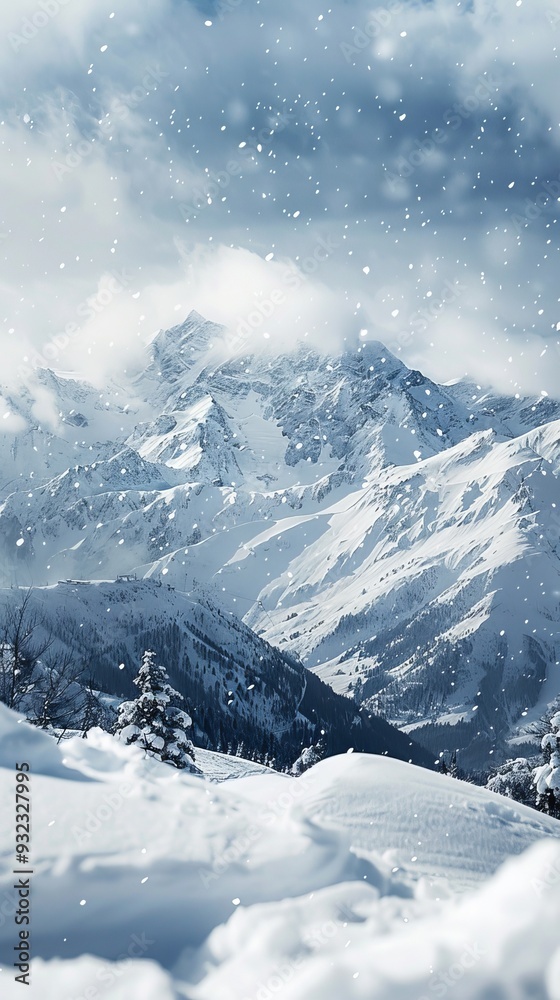 A snowy mountain range with snow falling on it A snowy mountain range with snow falling on it