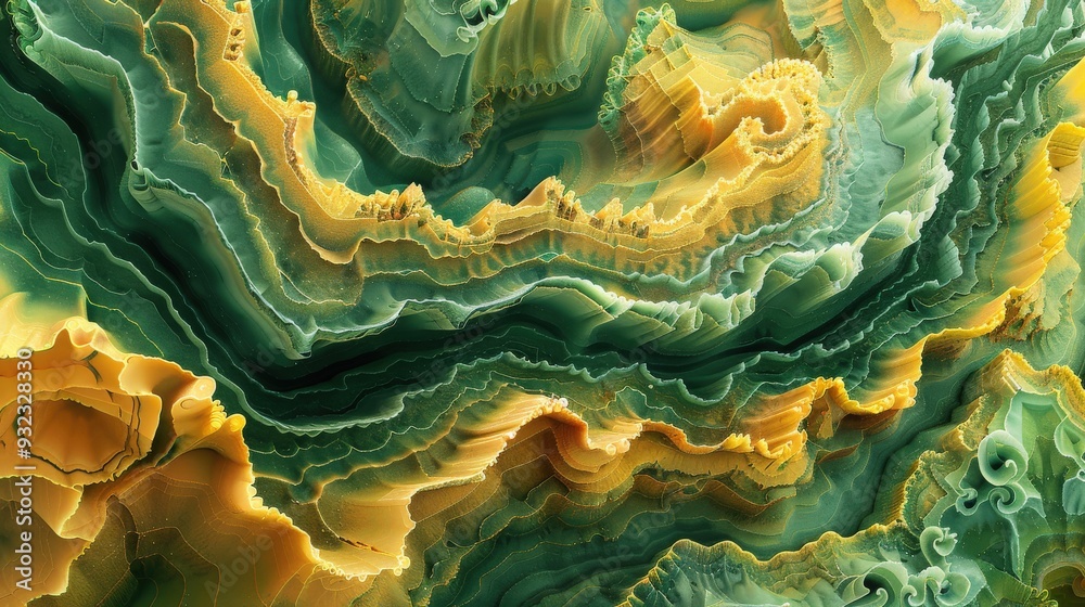 Obraz premium Generate a detailed abstract landscape featuring yellow and green microscopic formations. Ensure the design is engaging and suitable for scientific and artistic exploration