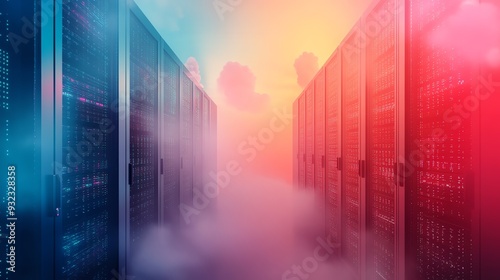 Rows of servers in a data center with a colorful cloud background.
