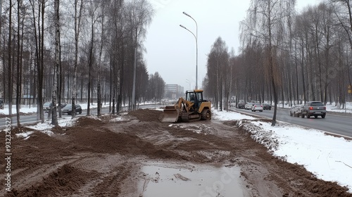 A bulldozer adds soil to wet mud on a highway in winter, while vehicles are caught in a traffic jam in the background