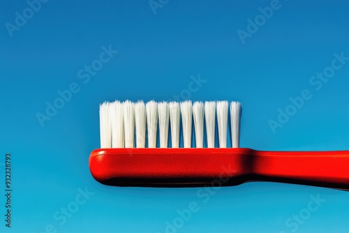 Close-Up of Red Toothbrush with White Bristles Against Clear Blue Sky Background photo