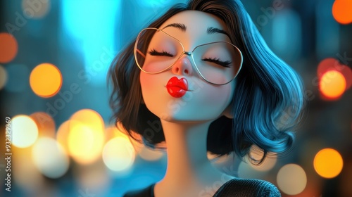 3D Cartoon Woman Blowing a Kiss with Blurry Background