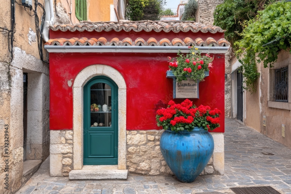 Fototapeta premium Charming Mediterranean House with Red Exterior and Blue Pot in Quaint Alley