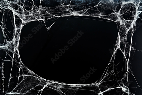 Spider web frame on black background with copy space in the center. Ideal for Halloween.