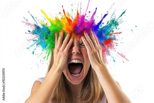 Woman Screaming with Color Explosion Simulating Stress and Creativity Concept photo