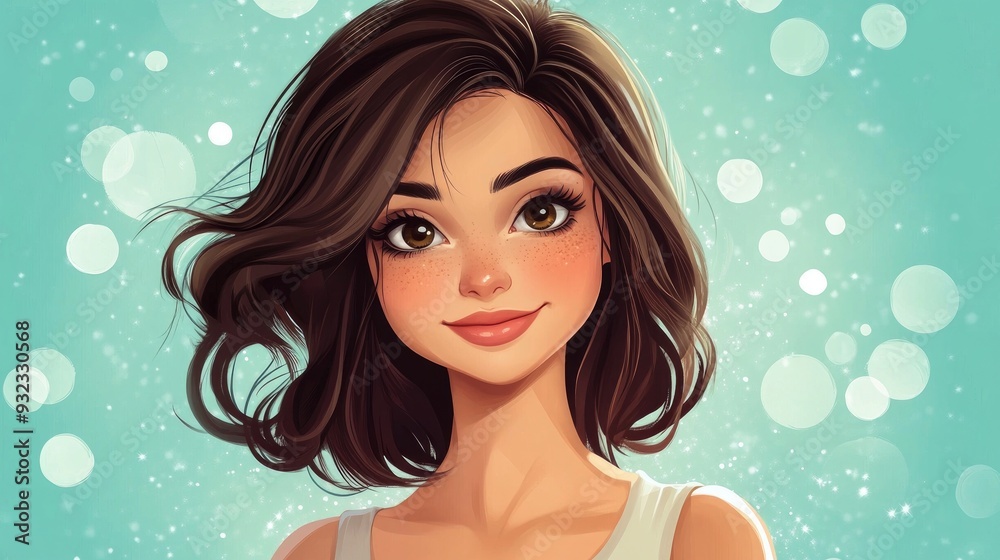 Brunette cartoon girl posing and smiling at the viewer Brunette cartoon girl posing and smiling at the viewer
