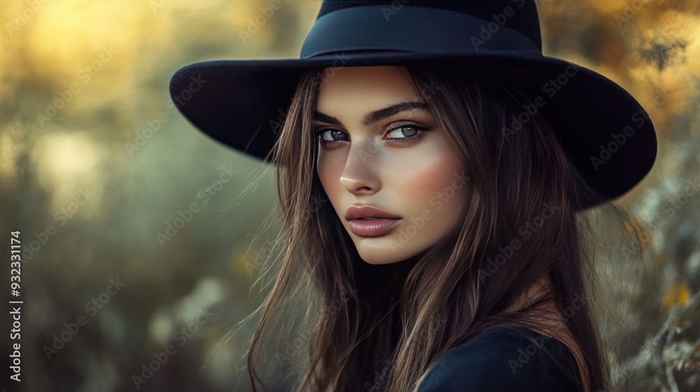 close-up of a young, attractive, stylish woman with long hair and a black hat. Beauty and fashion for women. Outside close-up of a young, attractive, stylish woman with long hair and a black hat. Beauty and fashion for women. Outside