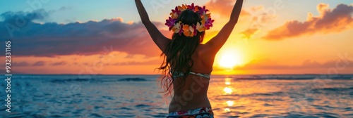 Woman in a bikini reveling in the summer sunset Hula dancer performing a classic dance Girl exhibiting lively Tahitian dance Beauty queen with a floral crown looking towards the horizon