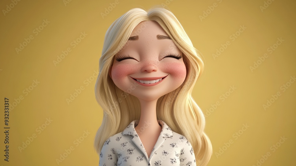Cheerful 3D cartoon of a blonde woman in pajamas grinning with joy Cheerful 3D cartoon of a blonde woman in pajamas grinning with joy