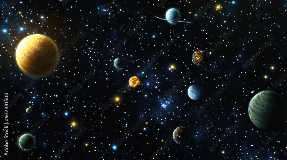 2D illustration featuring a realistic star pattern in deep space showcasing stars planets and moons along with various imaginative sci fi backdrops and cosmic art elements 2D illustration featuring a realistic star pattern in deep space showcasing stars planets and moons along with various imaginative sci fi backdrops and cosmic art elements