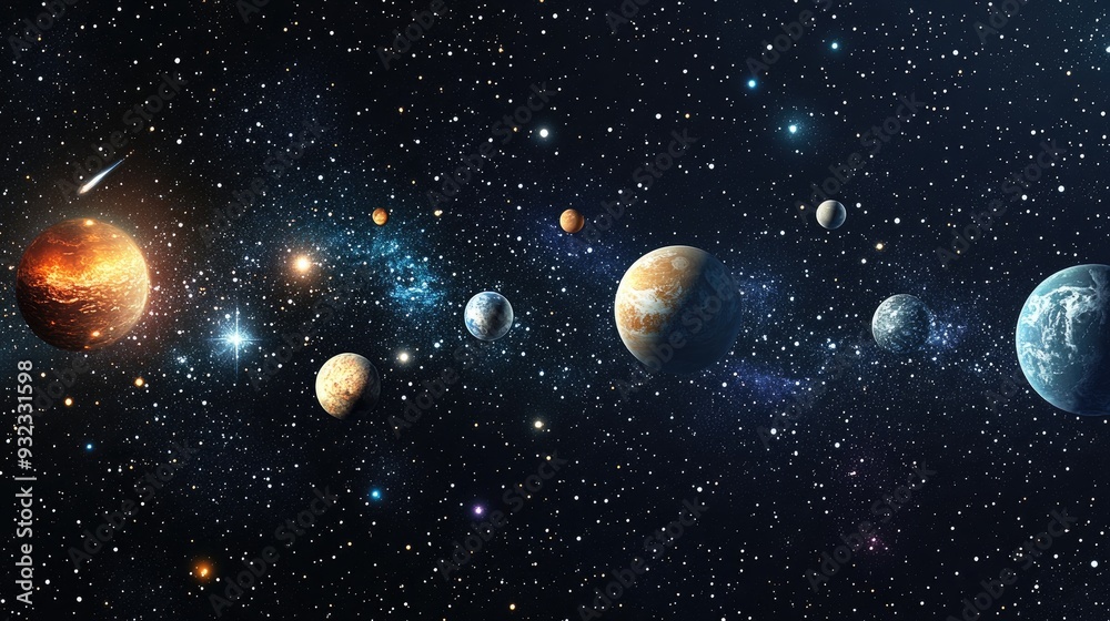 2D illustration featuring a realistic star pattern set in deep space Includes various celestial elements like stars planets and moons creating imaginative sci fi backdrops 2D illustration featuring a realistic star pattern set in deep space Includes various celestial elements like stars planets and moons creating imaginative sci fi backdrops