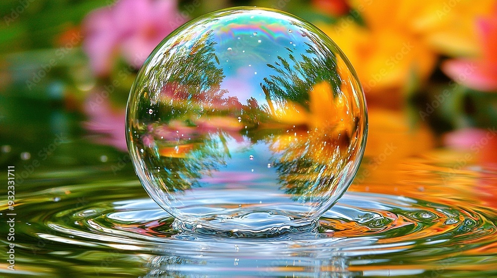 A macroscopic image of a droplet containing a tree and flower mirror in its surface A macroscopic image of a droplet containing a tree and flower mirror in its surface