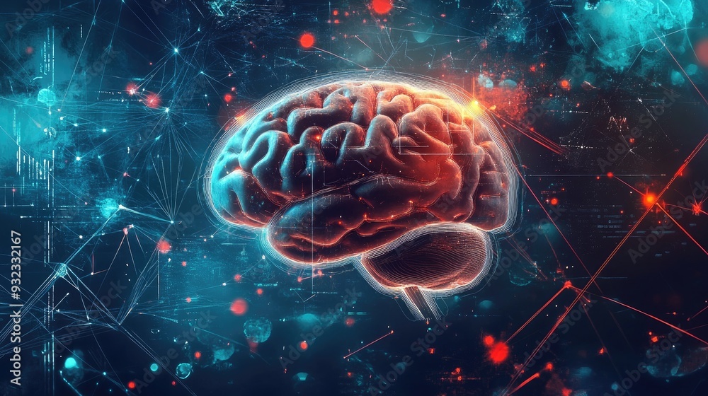 2D illustration representing a conceptual idea of thinking featuring a brain background and an abstract design related to artificial intelligence and technology 2D illustration representing a conceptual idea of thinking featuring a brain background and an abstract design related to artificial intelligence and technology