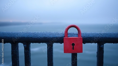   Red padlock on metal fence overlooking water