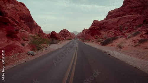 Scenic drive through red desert landscape in Valley of Fire, USA.