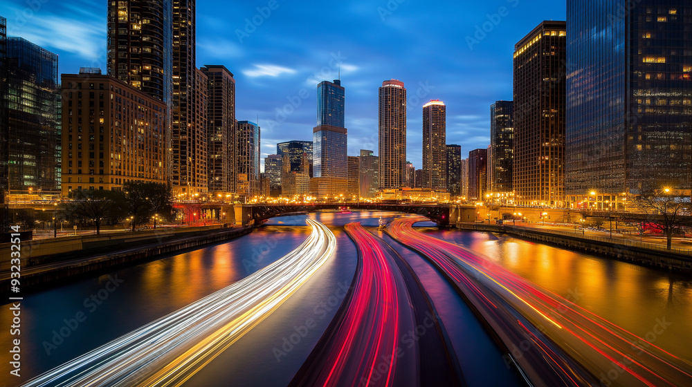Fototapeta premium Traffic at night: Urban cityscape with illuminated skyscrapers and cars speeding along a bustling highway, creating a vibrant and dynamic scene