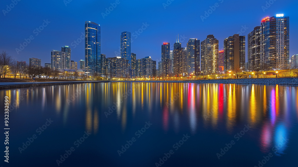 Fototapeta premium Cityscape of Bangkok at night, reflecting in the Chao Phraya River
