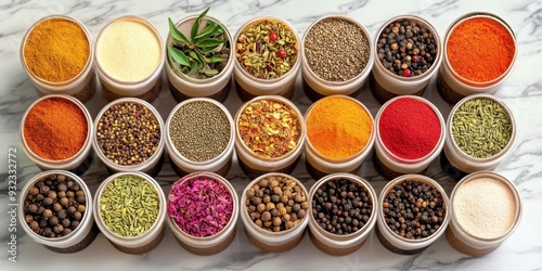 A vibrant and colorful array of spices, herbs, grains, and dried ingredients, various shades of red, yellow, green, brown, displayed in small ceramic bowls arranged symmetrically in rows, evoking a ri