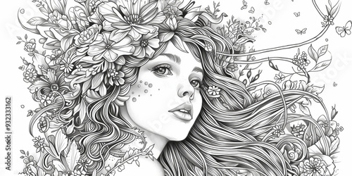 Black and white outline adult coloring book page, featuring fantasy character among flowers.