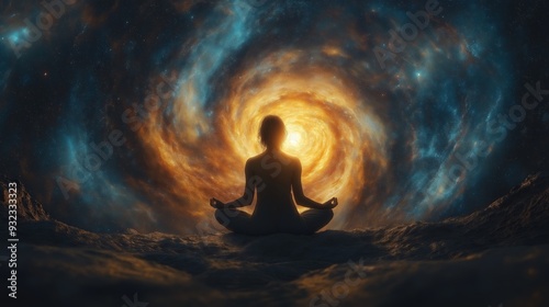 A meditation scene with a human figure meditating surrounded by cosmic energy, representing spirituality, enlightenment, and the deep connection between the self and the universe through mindfulness