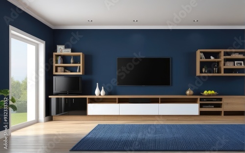 Modern interior of living room with tv on the cabinet on dark blue wall background