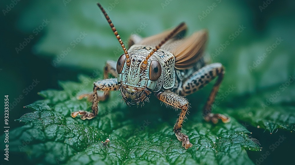 Fototapeta premium A sharp focus on a bug resting on a leaf against a blurred background of other foliage