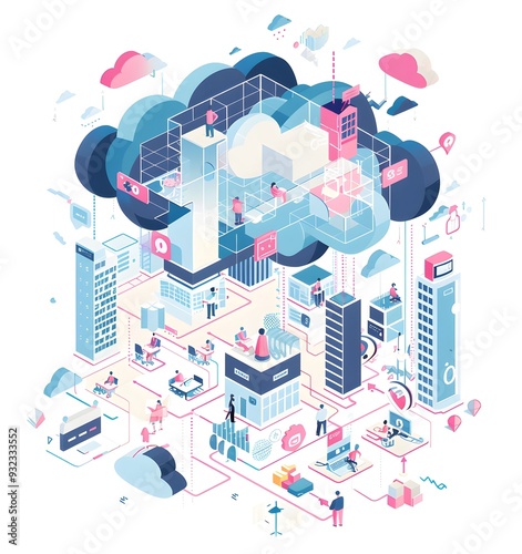 A flat illustration of an isometric graphic featuring icons representing various industrial technological products  microchips, 