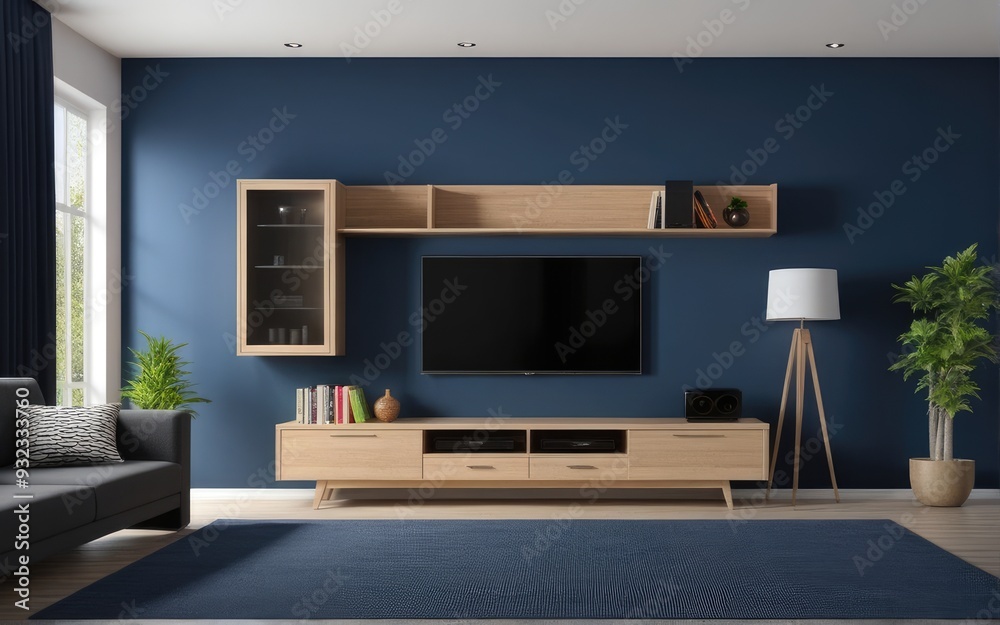 Modern interior of living room with tv on the cabinet on dark blue wall background Modern interior of living room with tv on the cabinet on dark blue wall background