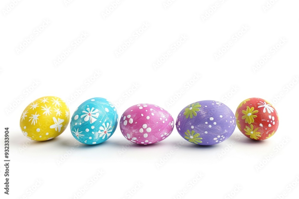 A row of painted Easter eggs on a white surface, ready for decoration or gift-giving A row of painted Easter eggs on a white surface, ready for decoration or gift-giving