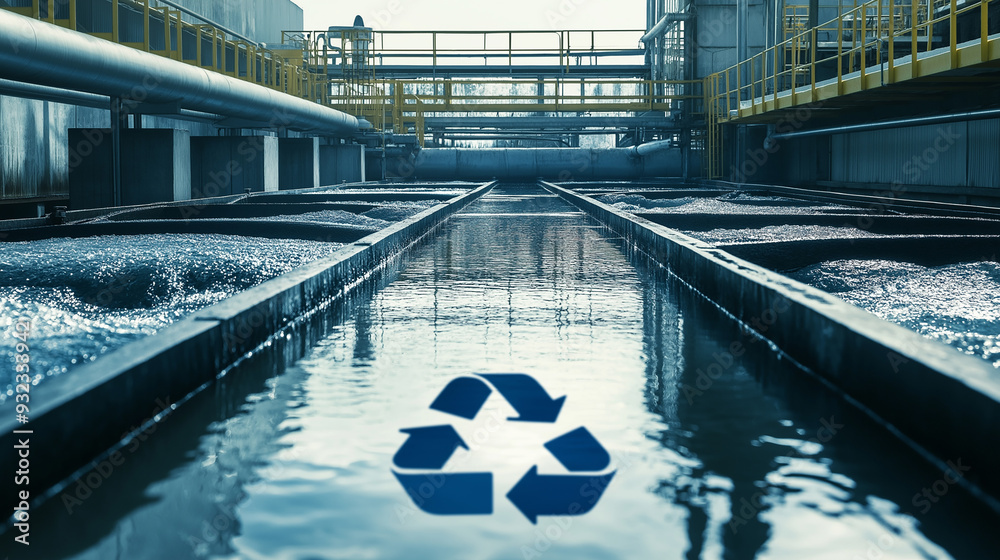 Fototapeta premium Double exposure recycling sign and water going through the purification process at sewage treatment plant. Supplying clean water. Environmental protection and sustainable living resources.