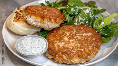 Golden crab cake served with a side of tartar sauce and a fresh green salad photo