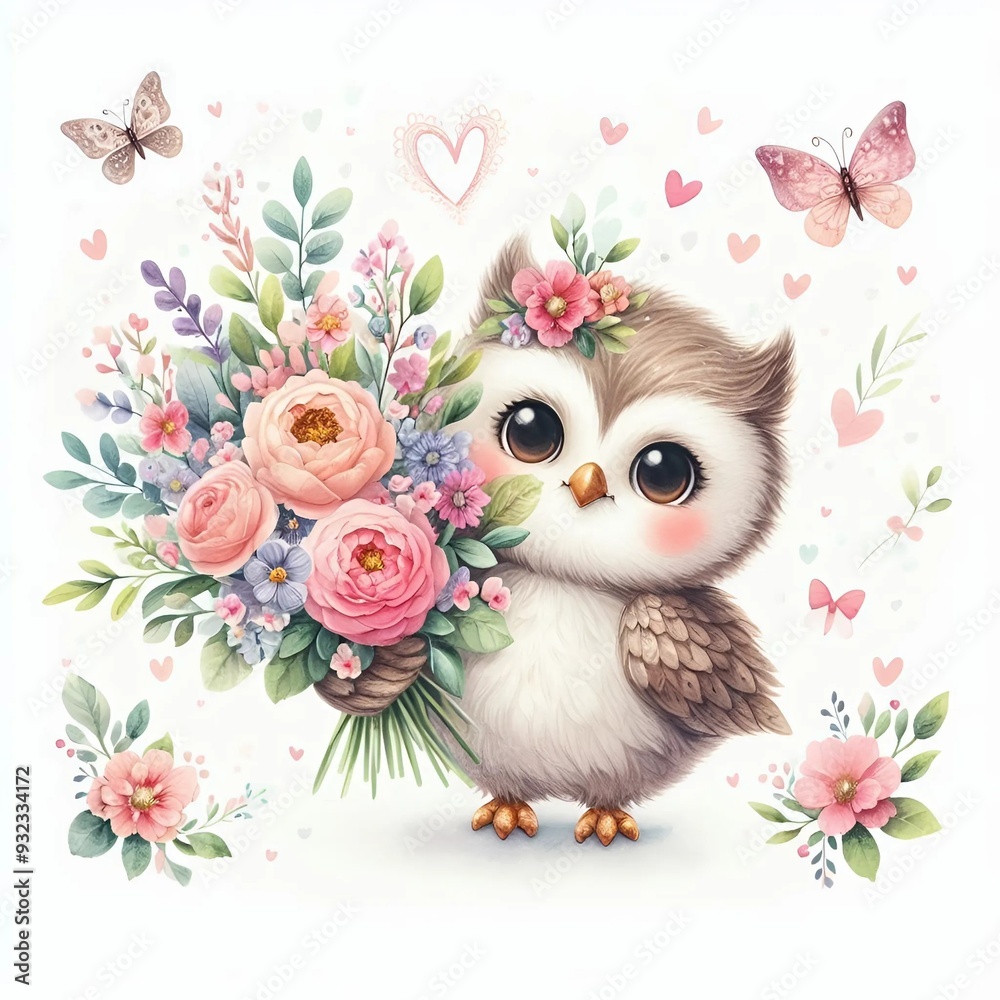Fototapeta premium A cute owl Holding a Large, Lush Bouquet of Flowers: Sweet Watercolor Illustration with Delicate Pink Hearts and Butterflies, Isolated on White Background.