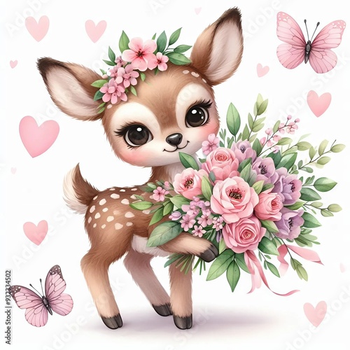 A cute fawn Holding a Large, Lush Bouquet of Flowers: Sweet Watercolor Illustration with Delicate Pink Hearts and Butterflies, Isolated on White Background.