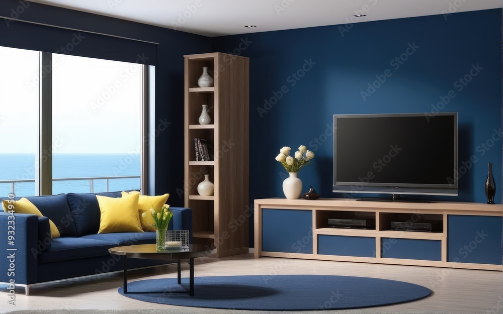 Modern interior of living room with tv on the cabinet on dark blue wall background