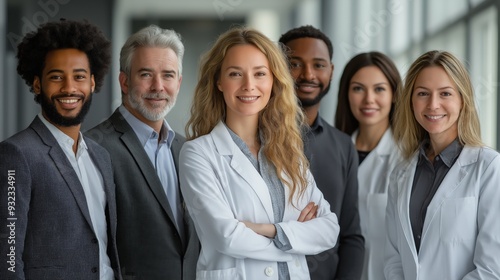 A group of diverse medical professionals smiling in a modern hospital, emphasizing teamwork, diversity and collaboration in a vibrant healthcare environment through DEI hiring of multicultural doctors