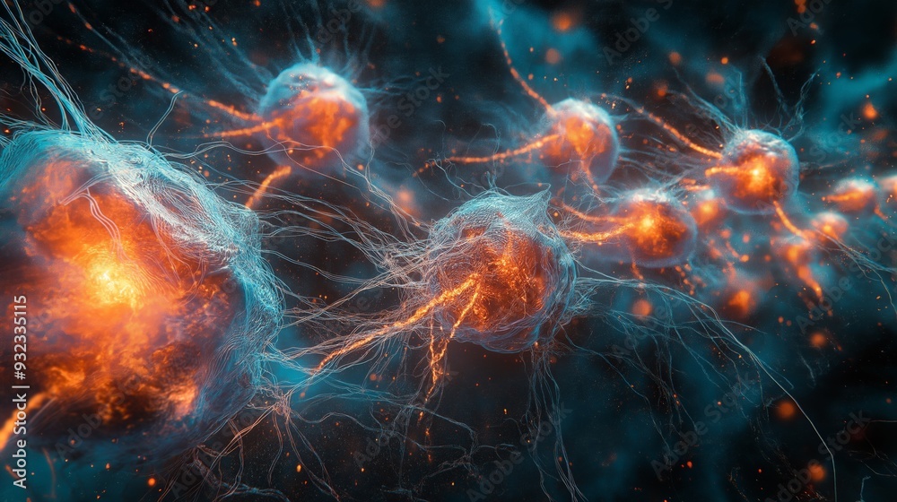 Neurons transmitting electric impulses with glowing synapses, illustrating brain activity, neural connections, and communication within the neural network Neurons transmitting electric impulses with glowing synapses, illustrating brain activity, neural connections, and communication within the neural network