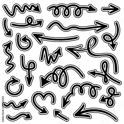 Vector illustration featuring a collection of unique wavy, looping, and zigzag black arrow icons with bold white outlines. photo