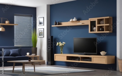 Modern interior of living room with tv on the cabinet on dark blue wall background