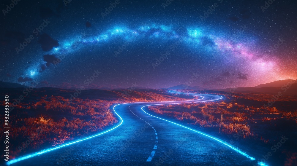 Fototapeta premium A night road illuminated by distant lights under a starry sky with the Milky Way visible, symbolizing the journey of exploration, the unknown, and the vastness of space in the universe